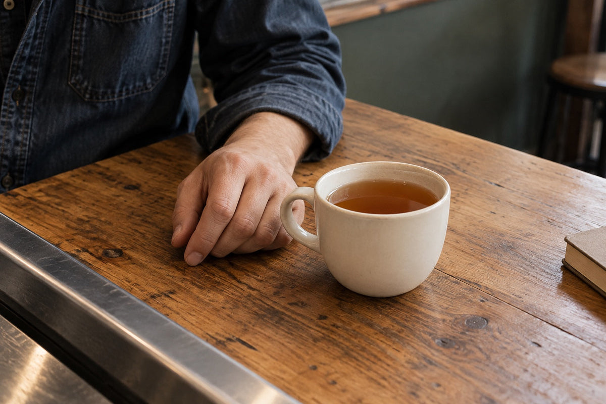 Warm apple cider chai in an ivory ceramic cup beside a guest at an oak café counter.