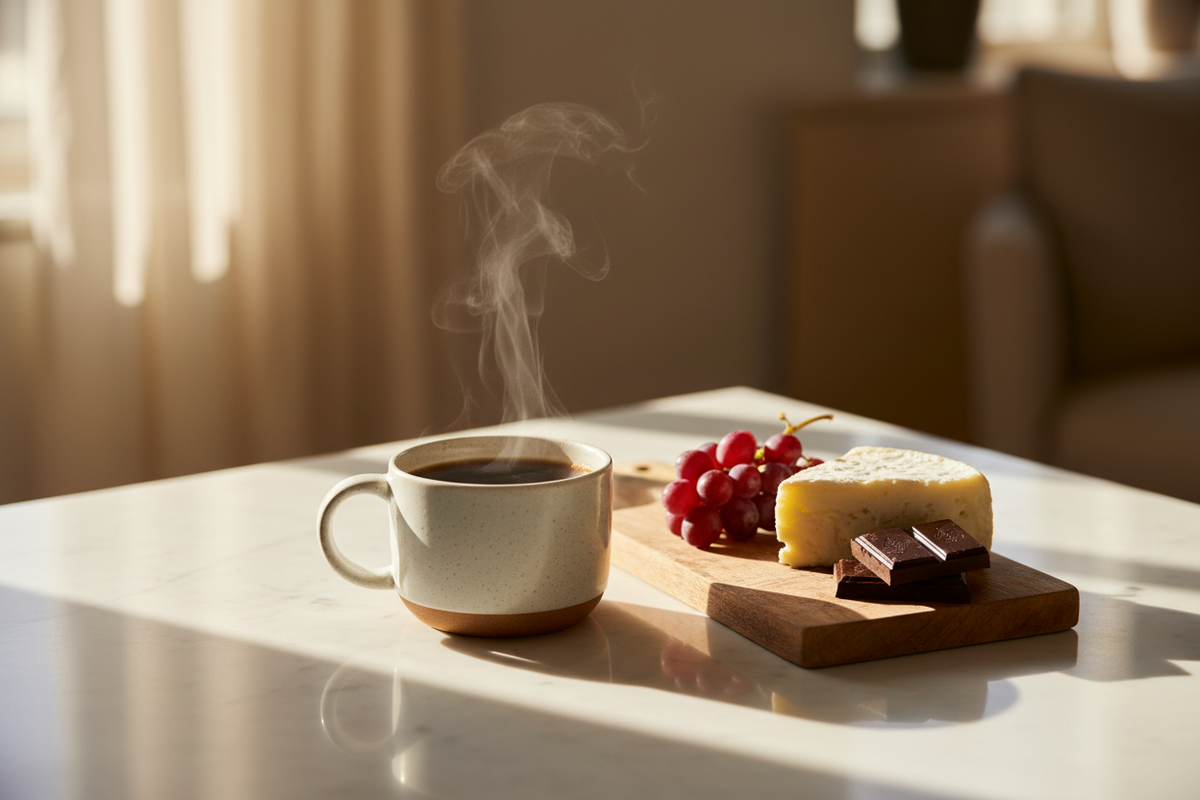Coffee and Food Pairing Hero - Mug with Artisan Cheese Board
