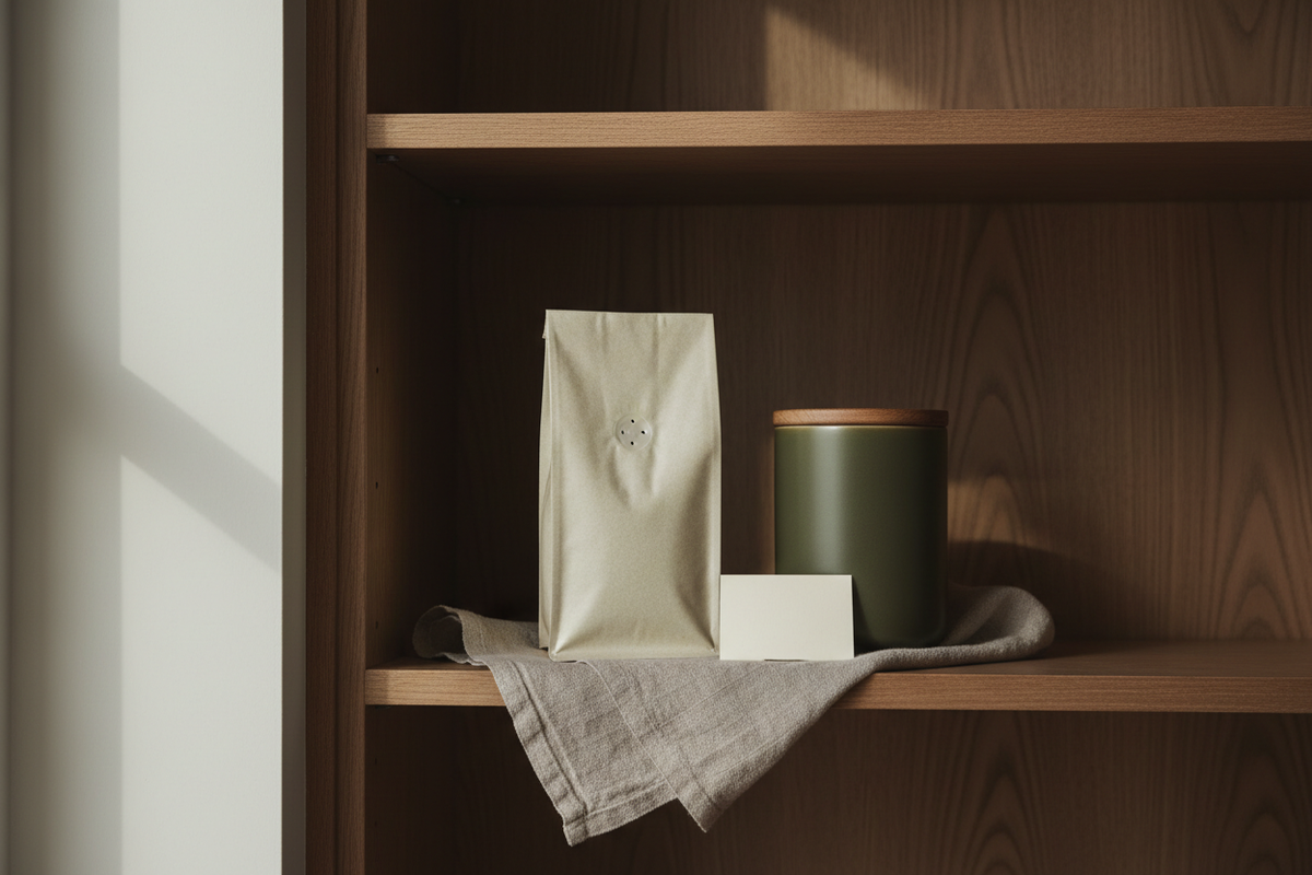 Proper coffee bean storage with a resealable bag, airtight container, roast notes, and a cool shaded cupboard.