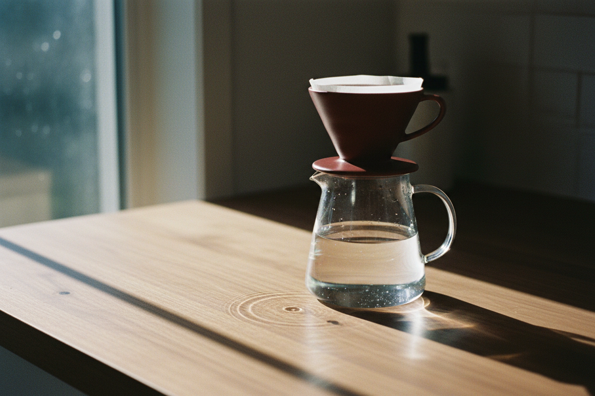 Glass carafe of filtered water and a matte ceramic pour-over dripper in morning light, illustrating the best water for brewing coffee at home.