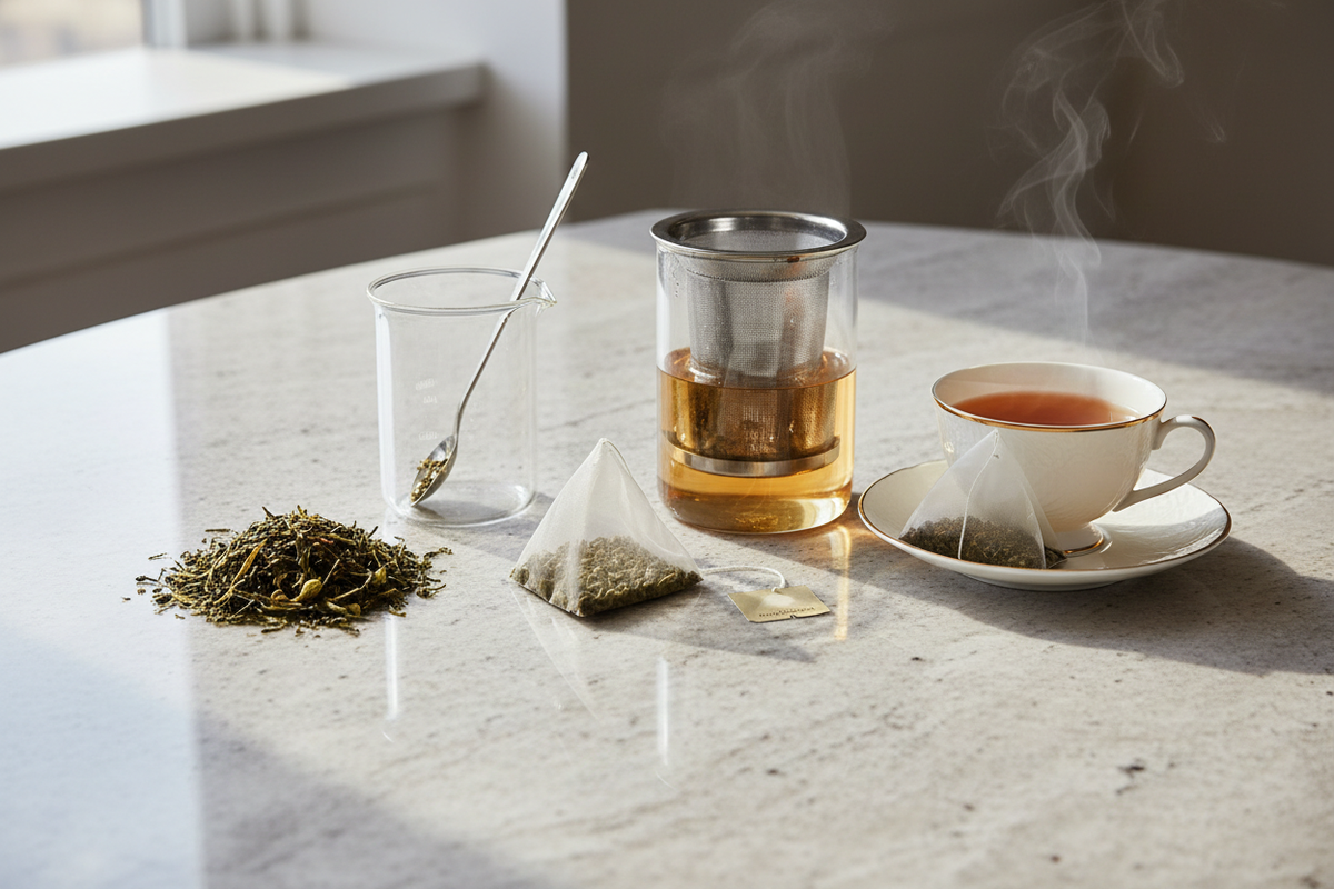 Loose-leaf tea and tea bags compared with measured leaves, a clear infuser, and a refined cup.