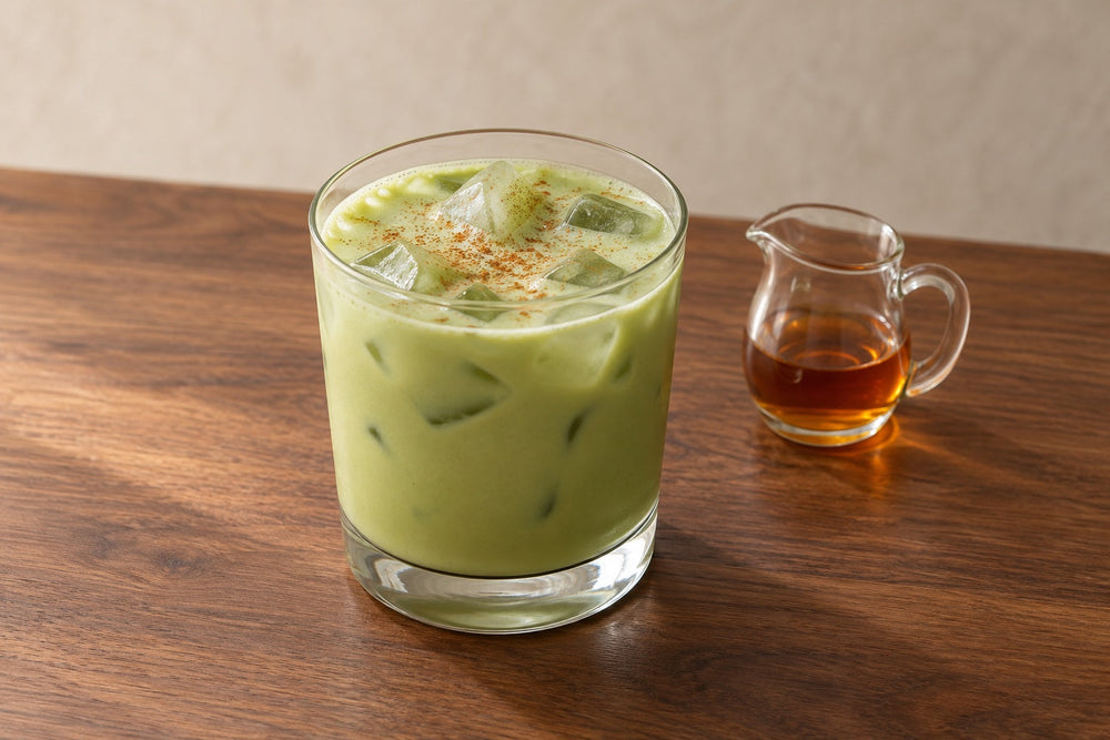 Iced maple cinnamon matcha latte with a small pitcher of maple syrup.