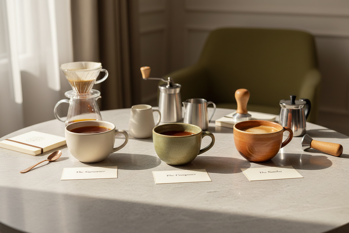 Three medium-roast coffees compared in cups labeled The Signature, The Composer, and The Samba.