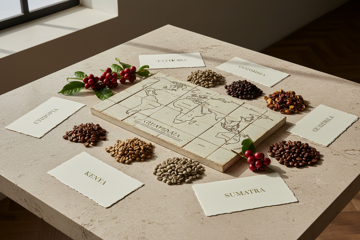 Specialty coffee cupping flight arranged for comparing single-origin coffees.