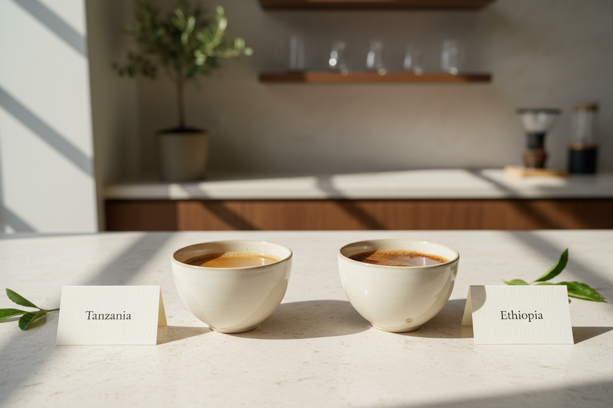Cupping comparison of Tanzania and Ethiopia natural coffees on a stone tasting table.