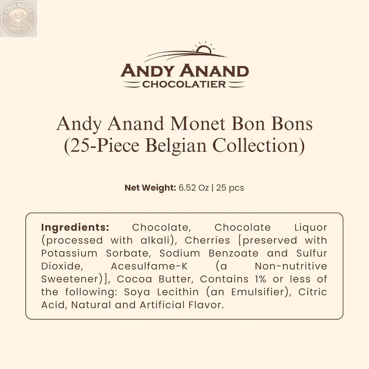 Andy Anand Monet Chocolate Bonbons Gift Box, 25 pc, 6.52 oz – Gluten-Free Belgian Truffles & Pralines, Birthday & Holiday Gift Collection Andyanand