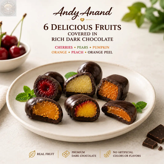 ANDY ANAND Chocolate Covered Fruits Collection Gift Box, 20 Pieces – Cherry, Pear, Pumpkin, Orange, Peach & Orange Peel Covered in Premium Dark Chocolate, Gourmet Fruit Candy Assortment, California Made, Gift Ready Andyanand