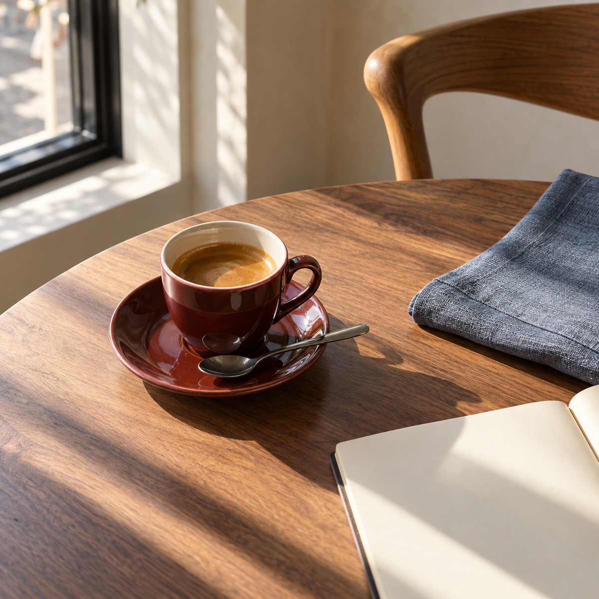 Espresso in an oxblood cup on a sunlit walnut table beside an open notebook