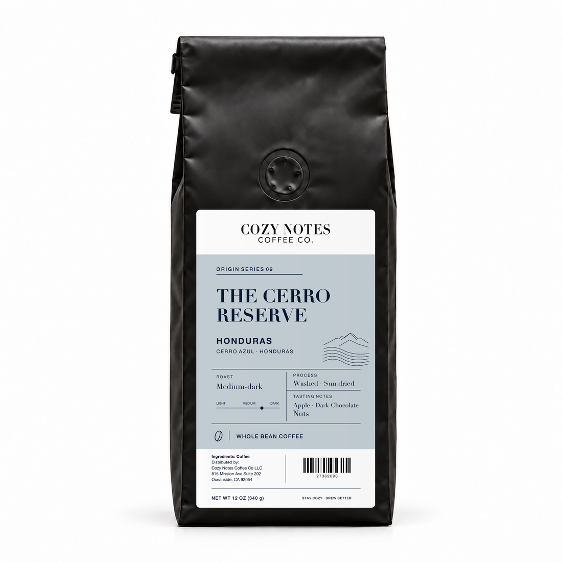 The Cerro Reserve — 12 oz bag with the approved label artwork.