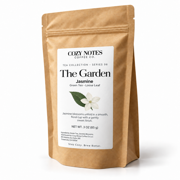 The Garden — jasmine tea, pouch on white background, new Cozy Notes Tea Collection label.