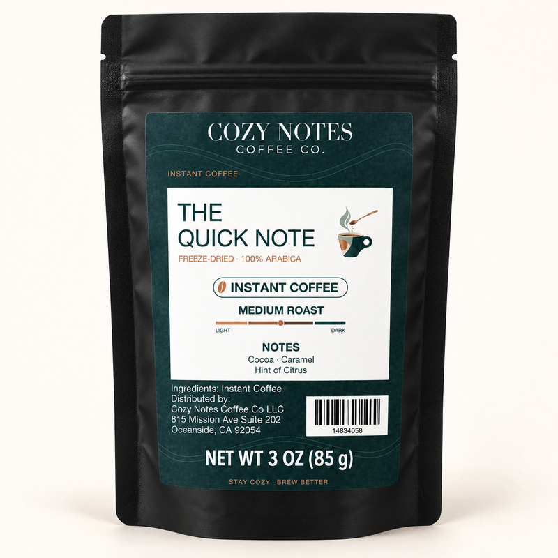 The Quick Note medium-roast instant coffee in the current Cozy Notes 3 oz resealable pouch.