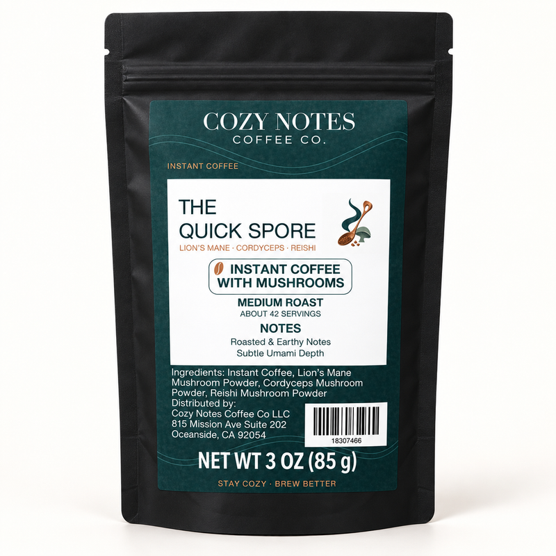 The Quick Spore medium-roast mushroom instant coffee in the current Cozy Notes 3 oz pouch.