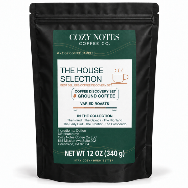 The House Selection — best sellers coffee discovery set, six 2 oz samples in a black pouch with a deep green label