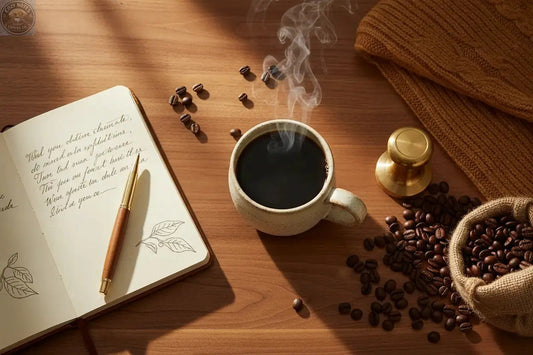 Home coffee brewing setup with a pour-over dripper, gooseneck kettle, and Cozy Notes specialty coffee bag on a clean kitchen counter — cafe-quality coffee at home guide