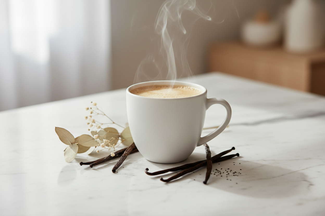 Steaming ceramic mug of French vanilla coffee on white marble with vanilla bean pods and soft natural window light — Cozy Notes Coffee Co.