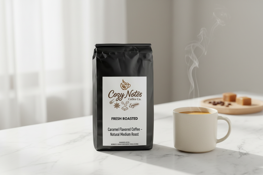 Cozy Notes caramel flavored coffee bag on a marble countertop with a steaming ceramic mug, soft natural light