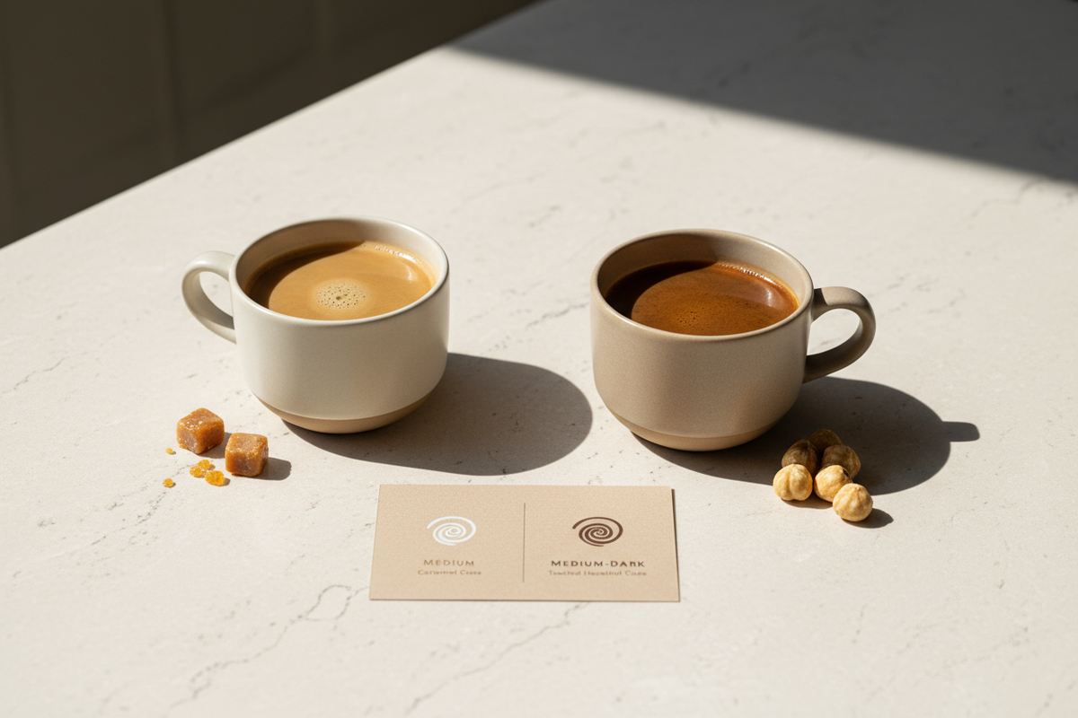 The Velvet and The Turtle caramel coffees compared in two ceramic cups with roast and tasting notes.