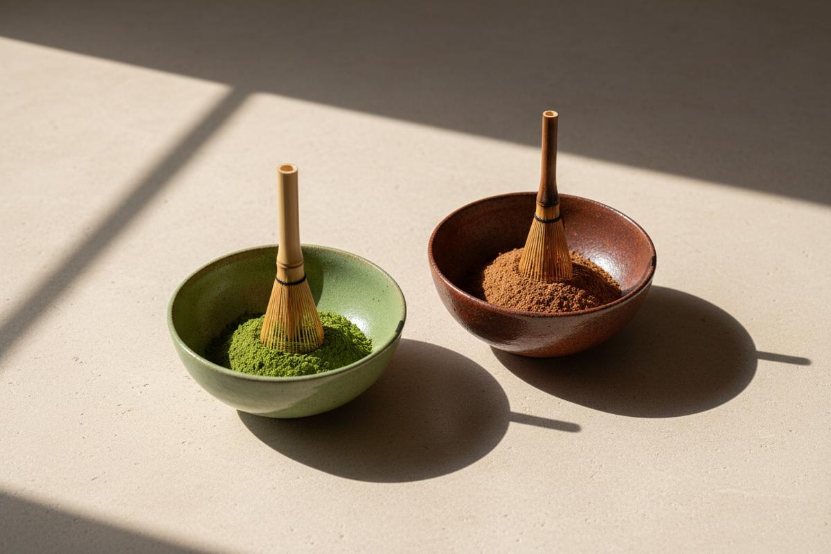 The Ceremony matcha and The Ember hojicha compared in two ceramic bowls with distinct green and roasted tea powders.