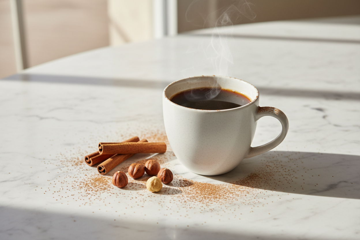 Steaming ceramic mug of cinnamon hazelnut coffee with cinnamon sticks and whole hazelnuts on white marble in soft natural light