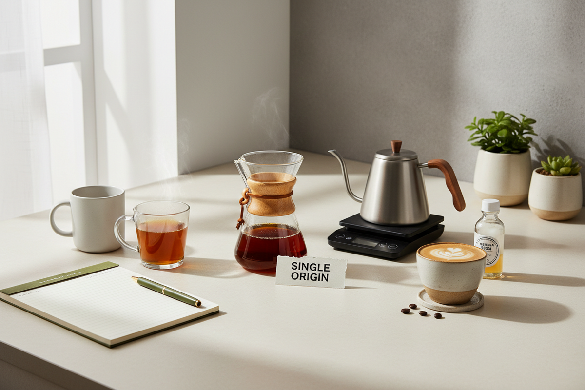 Beginner coffee setup with a medium roast, single-origin brew, flavored coffee, tasting notebook, and simple brewing tools.