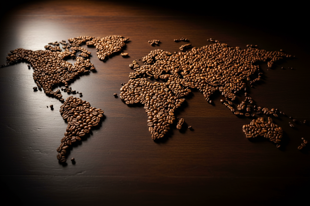 World map made of coffee beans in different roast levels arranged on a dark wooden surface with dramatic overhead lighting