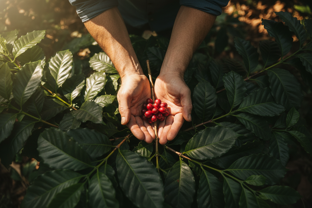 Coffee Future Hero - Farmer Hands Holding Ripe Red Coffee Cherries on Branch