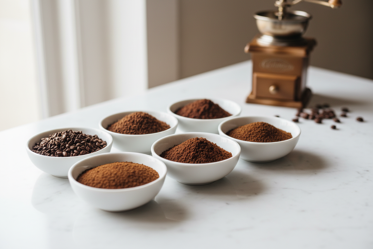 Various coffee grind sizes displayed in white ceramic bowls on white marble — from coarse cold brew to fine espresso, with a vintage hand grinder in the background
