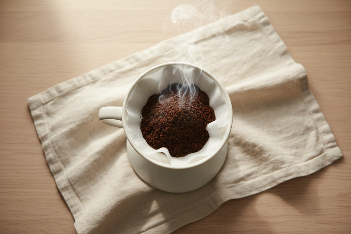 Coffee Health Benefits Hero - Pour Over with Steam on Linen and Oak