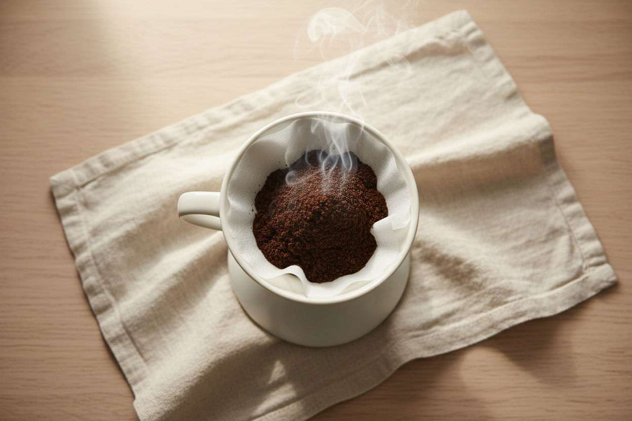 White ceramic pour-over dripper with steam rising on pale oak surface with linen cloth and coffee beans — health benefits of coffee