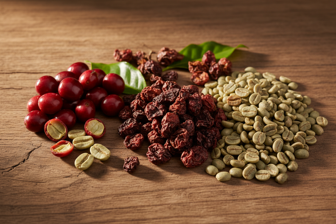 Coffee cherries at different processing stages — natural, washed, and dried — arranged on a warm wood surface