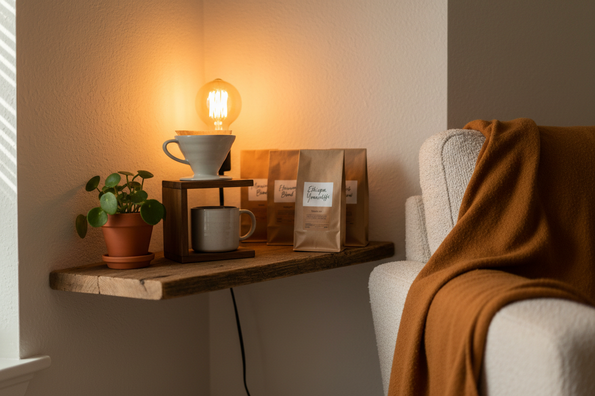 Coffee Shop Vibe at Home Hero - Cozy Corner with Shelf Plant and Mug