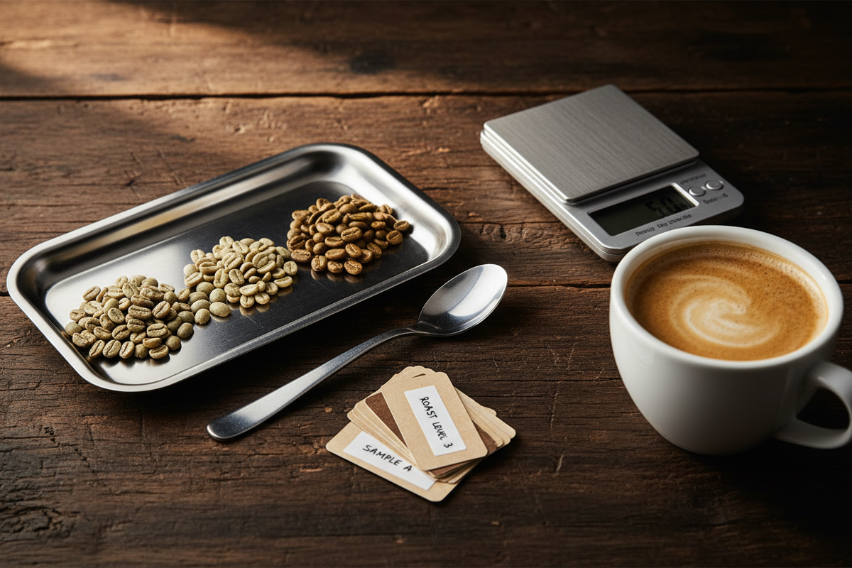Close editorial coffee cupping setup with green coffee samples, cupping spoon, roast cards, scale, and finished cup.