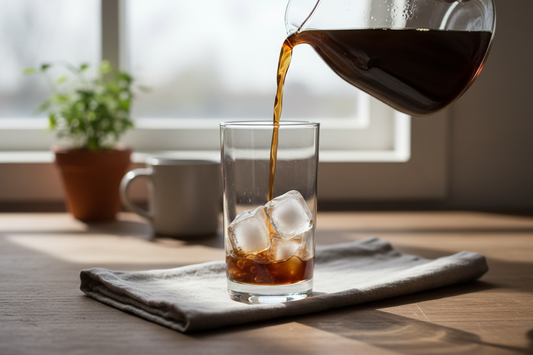 Cold brew coffee concentrate poured over ice — smooth, naturally flavored specialty cold brew by Cozy Notes Coffee Co.