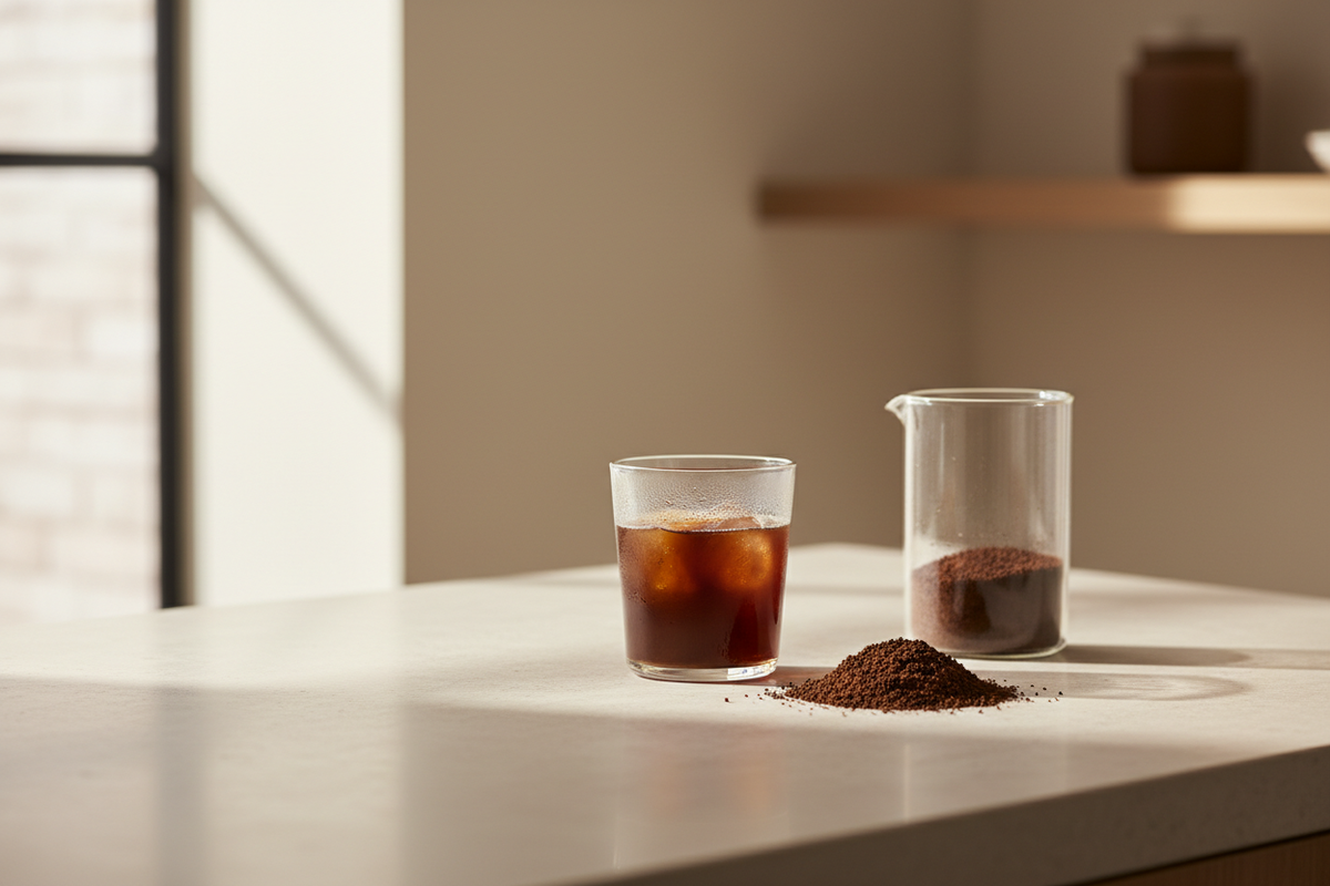 Cold brew coffee in a clear glass with coarse grounds and a glass brewer in bright editorial light.