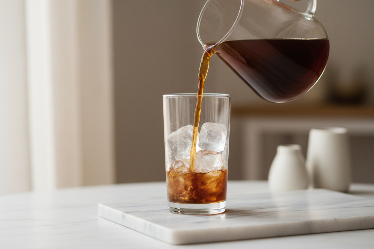 Cold brew coffee being poured from a glass pitcher into a tall glass filled with large ice cubes on a white marble surface
