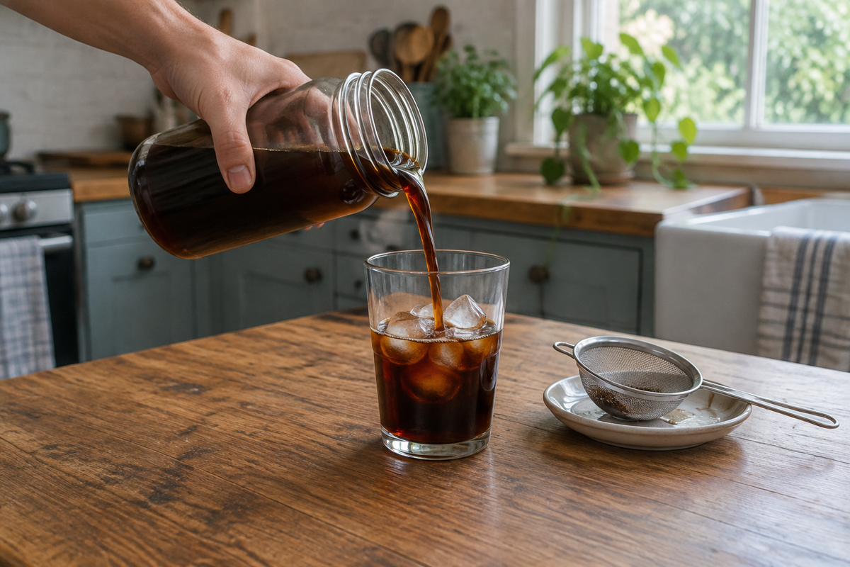 Hand pouring filtered cold brew from an open glass jar into a glass with ice at home.