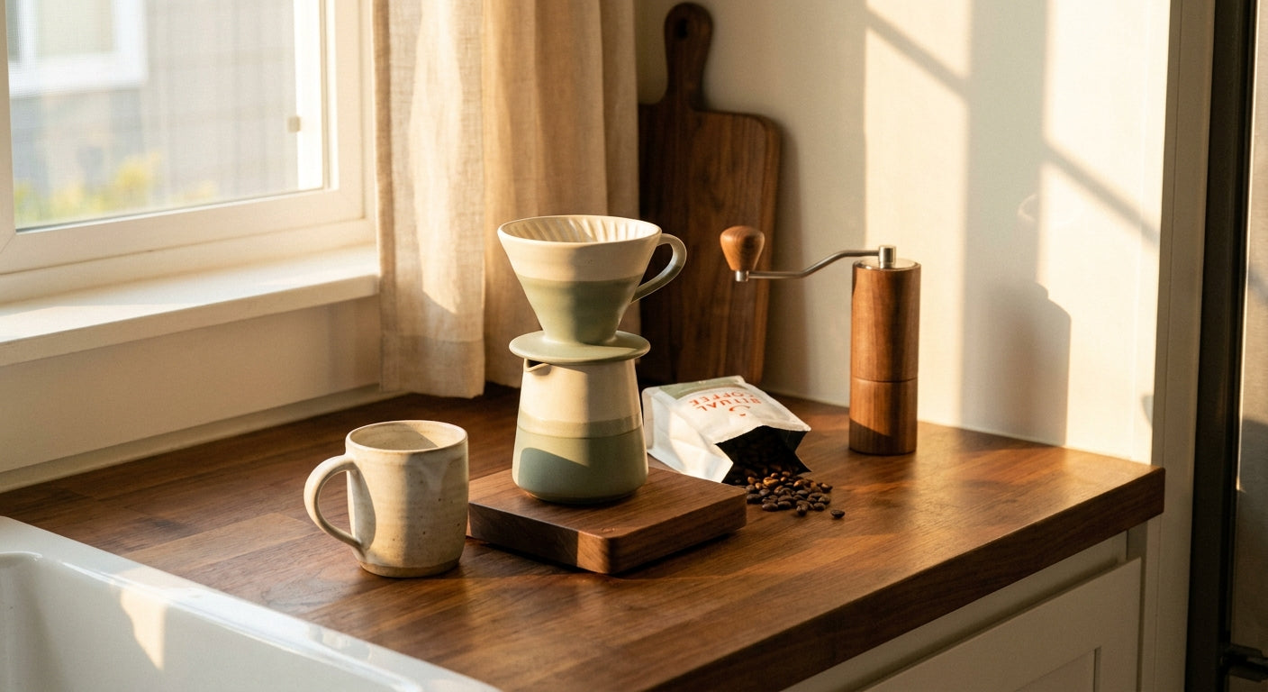 A sunlit home café counter setup featuring a pour-over dripper, ceramic mug, hand grinder, kitchen scale, and an open bag of whole coffee beans in warm, earthy tones.