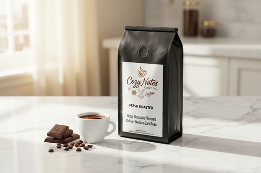 Cozy Notes Dubai Chocolate Flavored Medium-Dark Roast Coffee bag on marble countertop with espresso cup and dark chocolate pieces