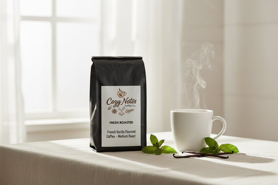 Cozy Notes Coffee Co flavored coffee bag on a bright summer morning table with fresh mint, vanilla pods, and a ceramic mug — best flavored coffee for summer