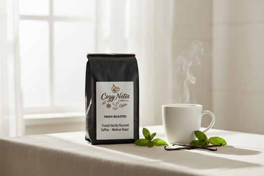 Cozy Notes Coffee Co flavored coffee bag on a bright summer morning table with fresh mint, vanilla pods, and a ceramic mug — best flavored coffee for summer