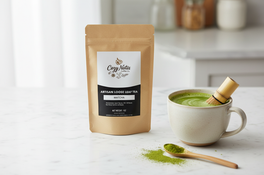 Cozy Notes Artisan Loose Leaf Matcha Tea bag on marble countertop with ceramic mug being prepared