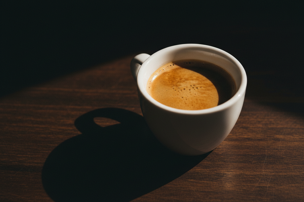 Dark Roast Coffee Hero - Espresso Shot with Golden Crema on Dark Wood