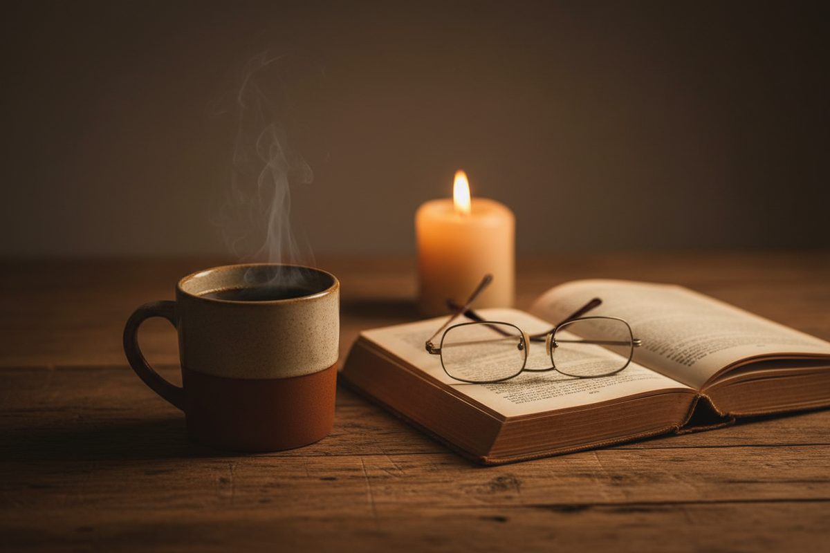 Decaf Coffee Guide Hero - Evening Mug with Book and Candle