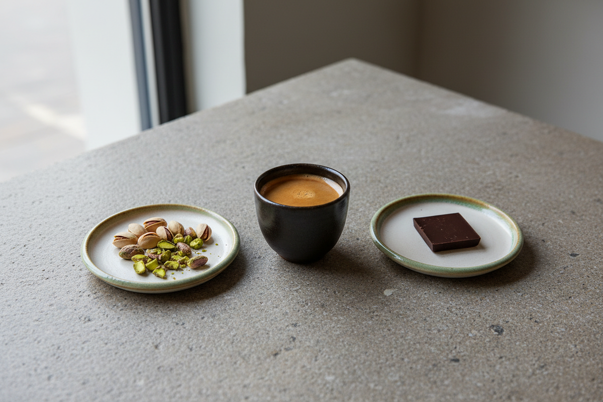 Editorial coffee tasting with espresso, dark chocolate, and pistachio accents.