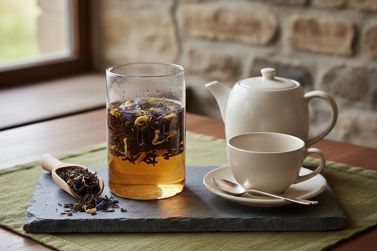 Earl Grey tea with loose black tea, bergamot peel, blue cornflower petals, and a clear glass infuser.