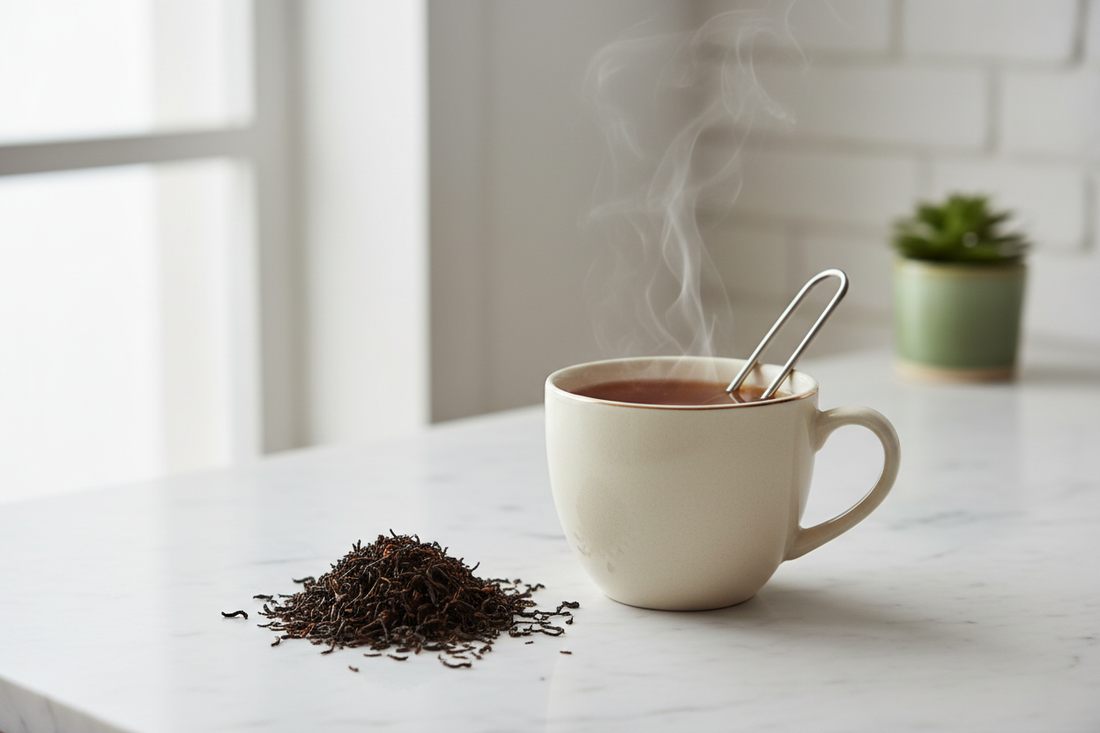 Elegant ceramic mug of English Breakfast loose leaf black tea on a marble countertop with soft natural light