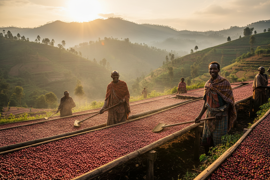 Ethiopian coffee farmers tending smallholder farms in the Sidama highlands, with misty volcanic mountains and raised drying beds in the background