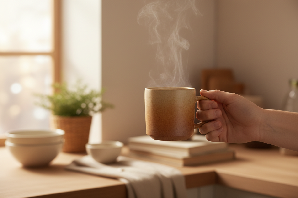 Hand holding a steaming ceramic coffee mug in a cozy kitchen with warm natural window light