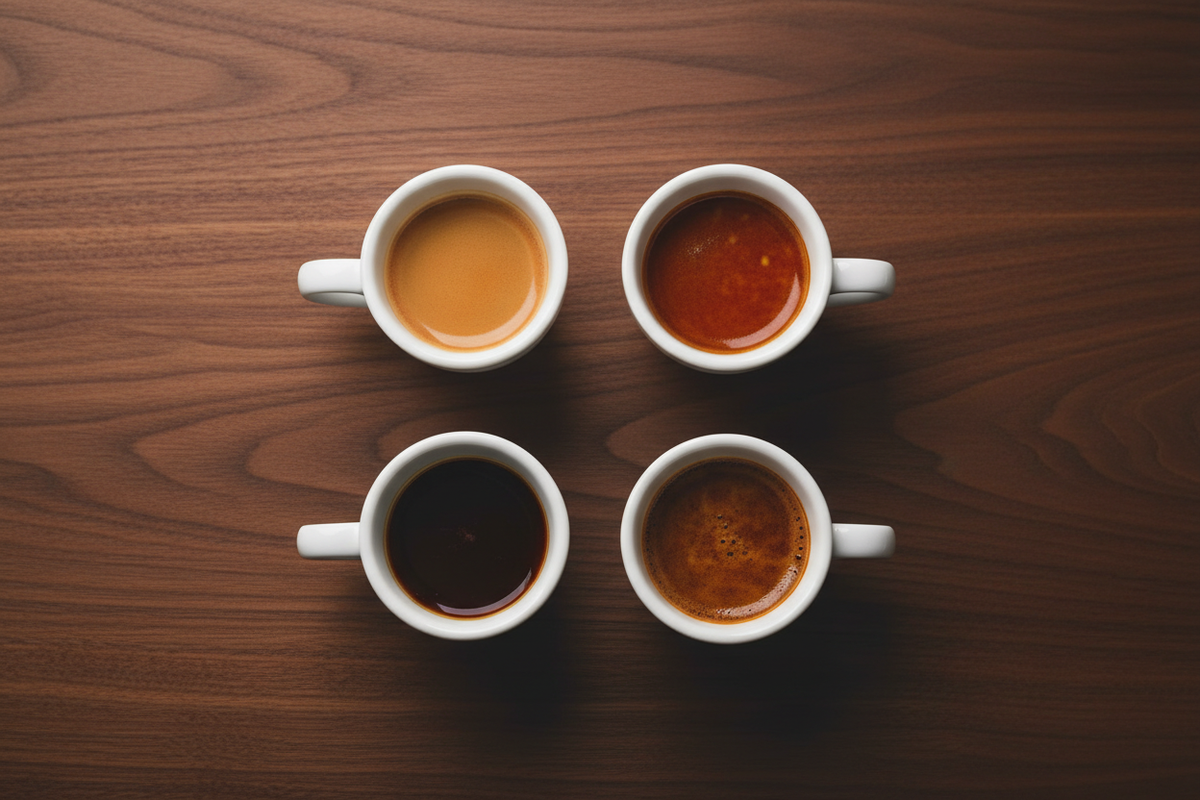 Four Coffee Blends World Tour Hero - Espresso Cups Grid on Dark Walnut