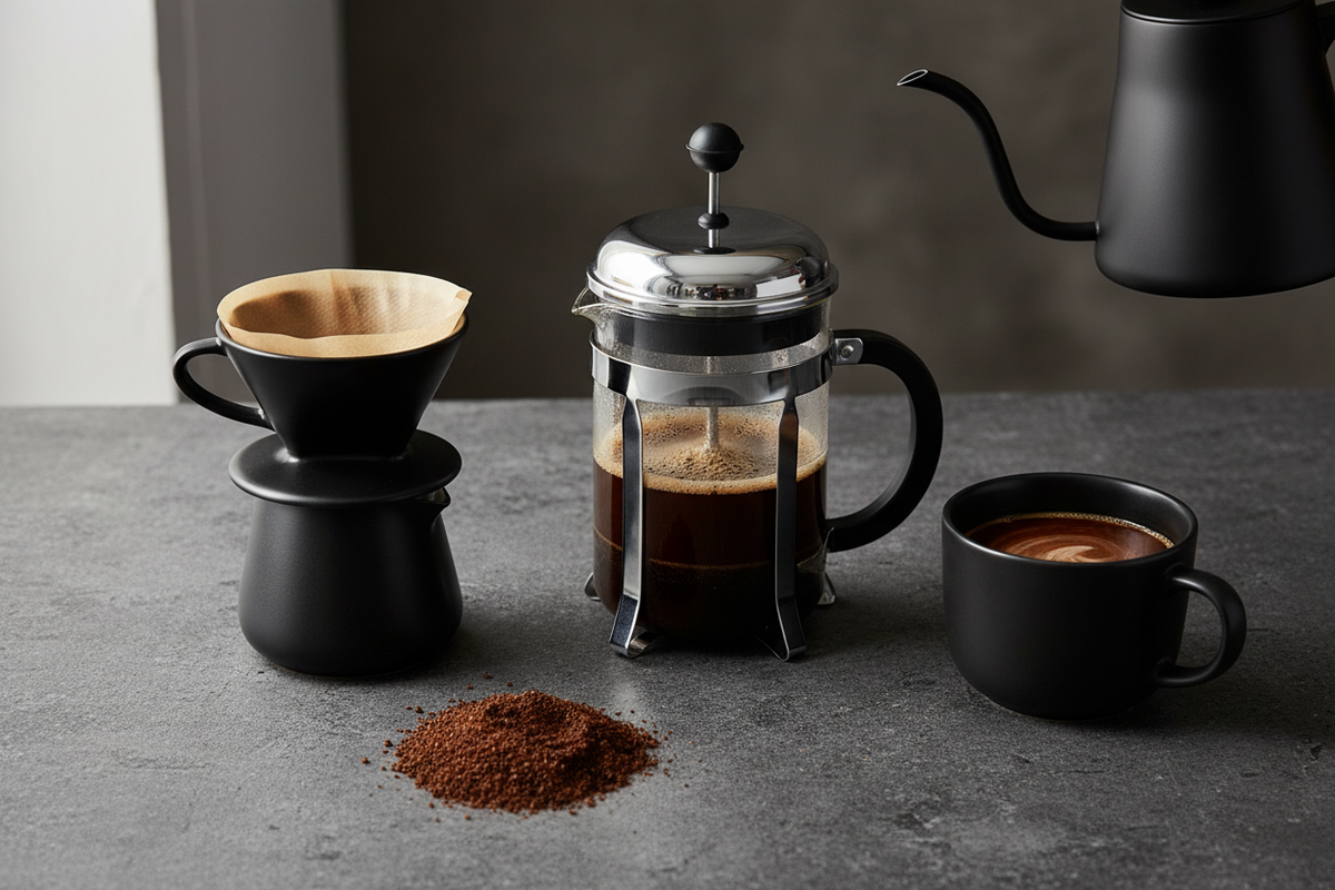 French press brew guide with coarse coffee grounds, kettle, paper filter, and dark roast.